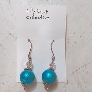 Turquoise Drawbench Glass Earrings, Silver Caps, Silver Wire, 1.75 in Handmade
